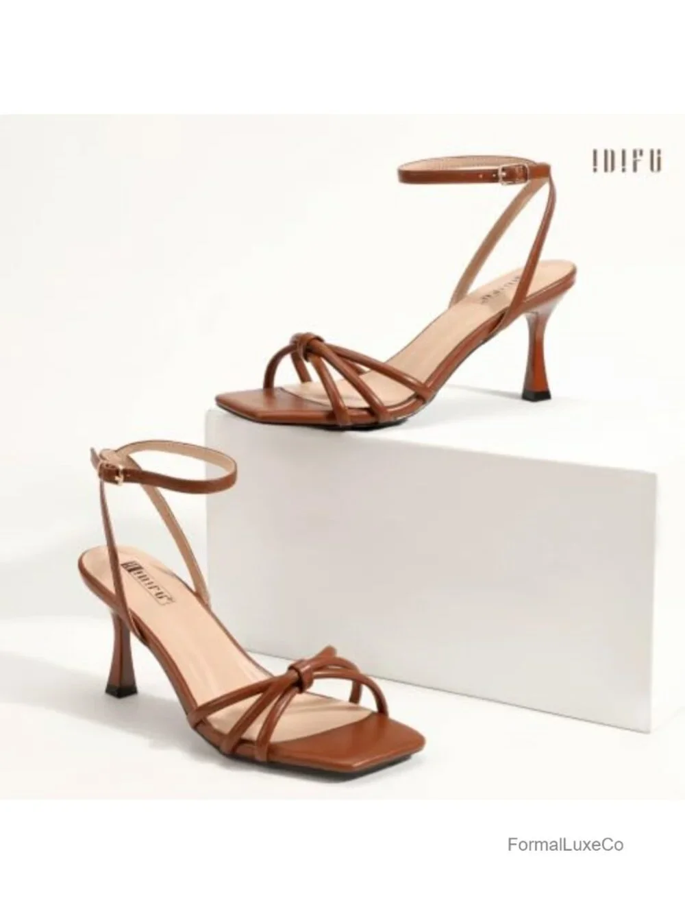 Square Open Toe Strappy Stiletto Heeled Sandals Ankle Strap Dress Shoes